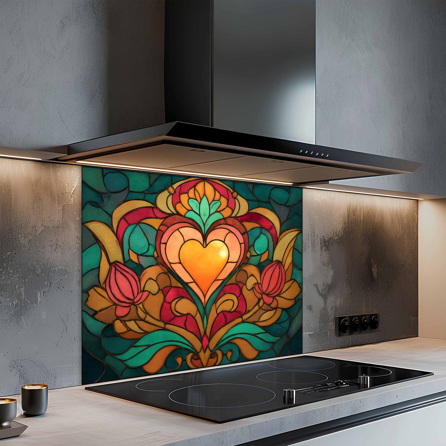 Tempered Glass Backsplash for Kitchen | Stained Glass Heart and Tulip Design