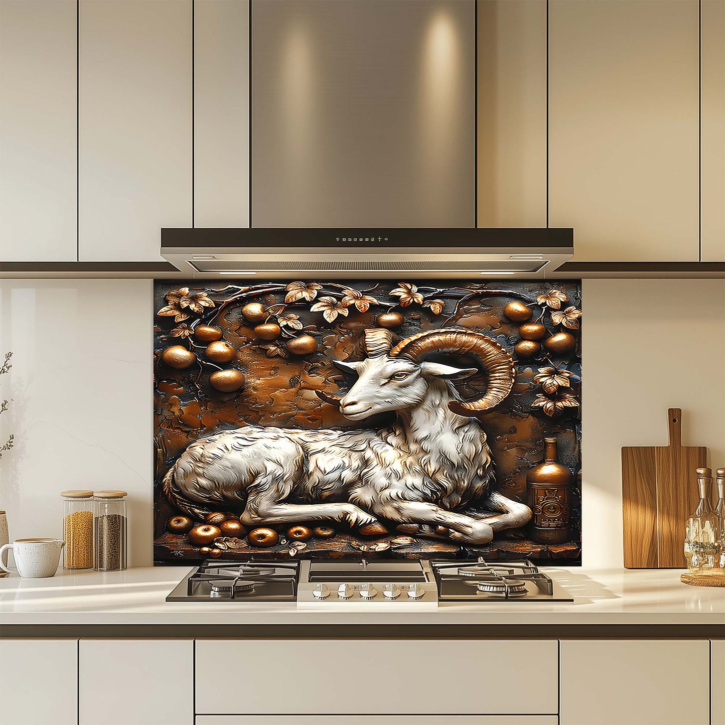 Golden Ram – Tempered Glass Backsplash for Kitchen Stove | Copper Look Ram Backsplash