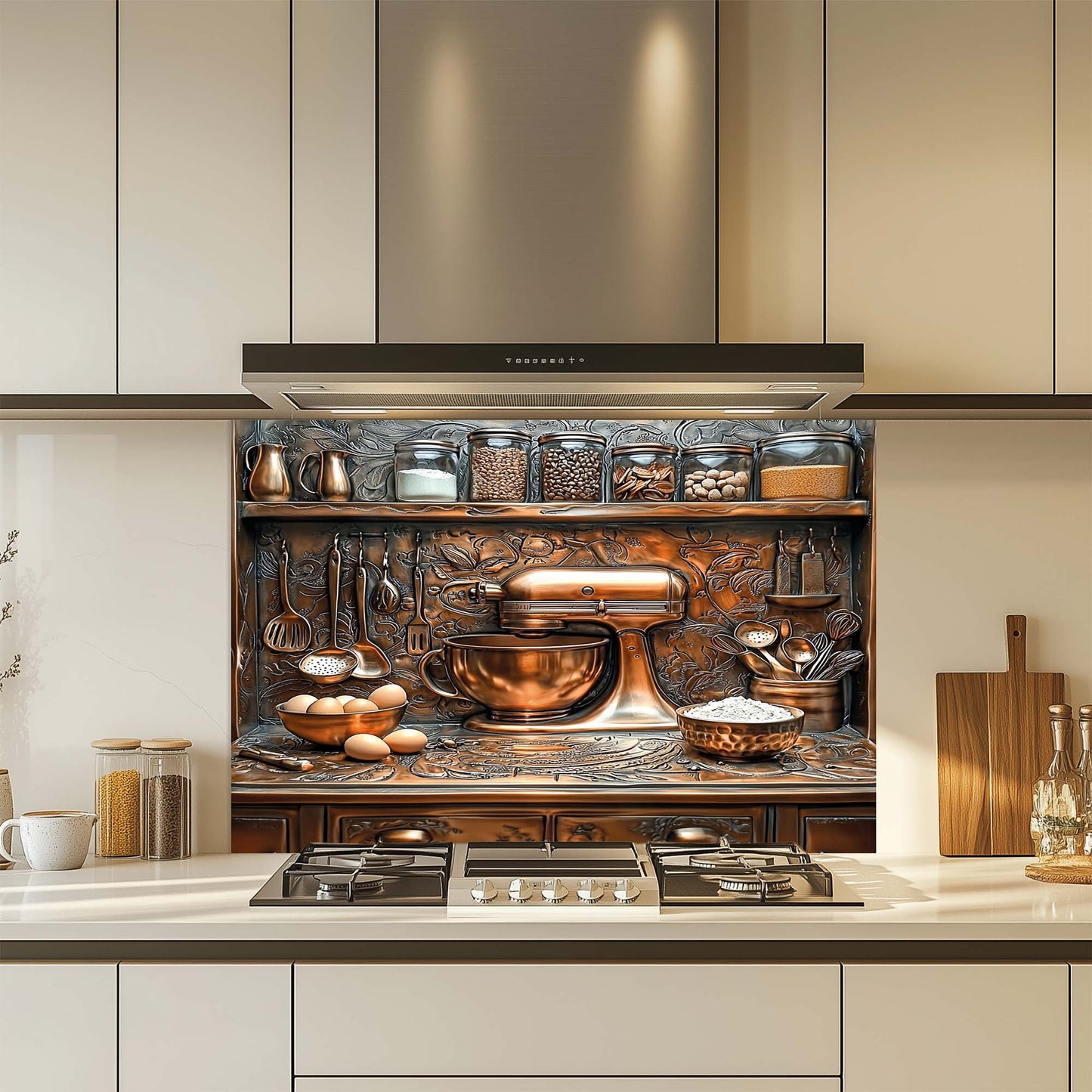 Baker – Tempered Glass Backsplash for Kitchen Stove | Baking Scene in Copper Look