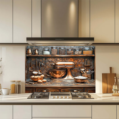 Baker – Tempered Glass Backsplash for Kitchen Stove | Baking Scene in Copper Look