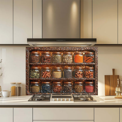 Spice Harmony – Tempered Glass Backsplash for Kitchen | Copper Look Spice Jar Splashback