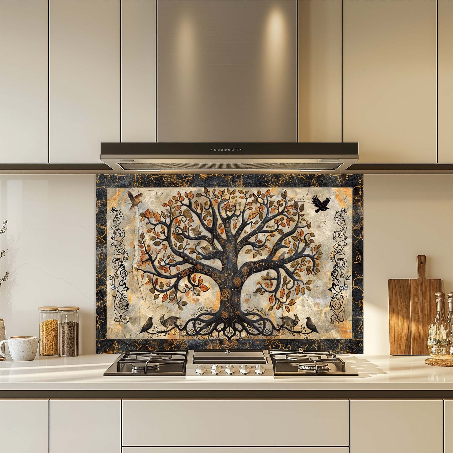 Mystic Grove – Tempered Glass Backsplash for Kitchen | Tree of Life Fantasy Forest Backsplash