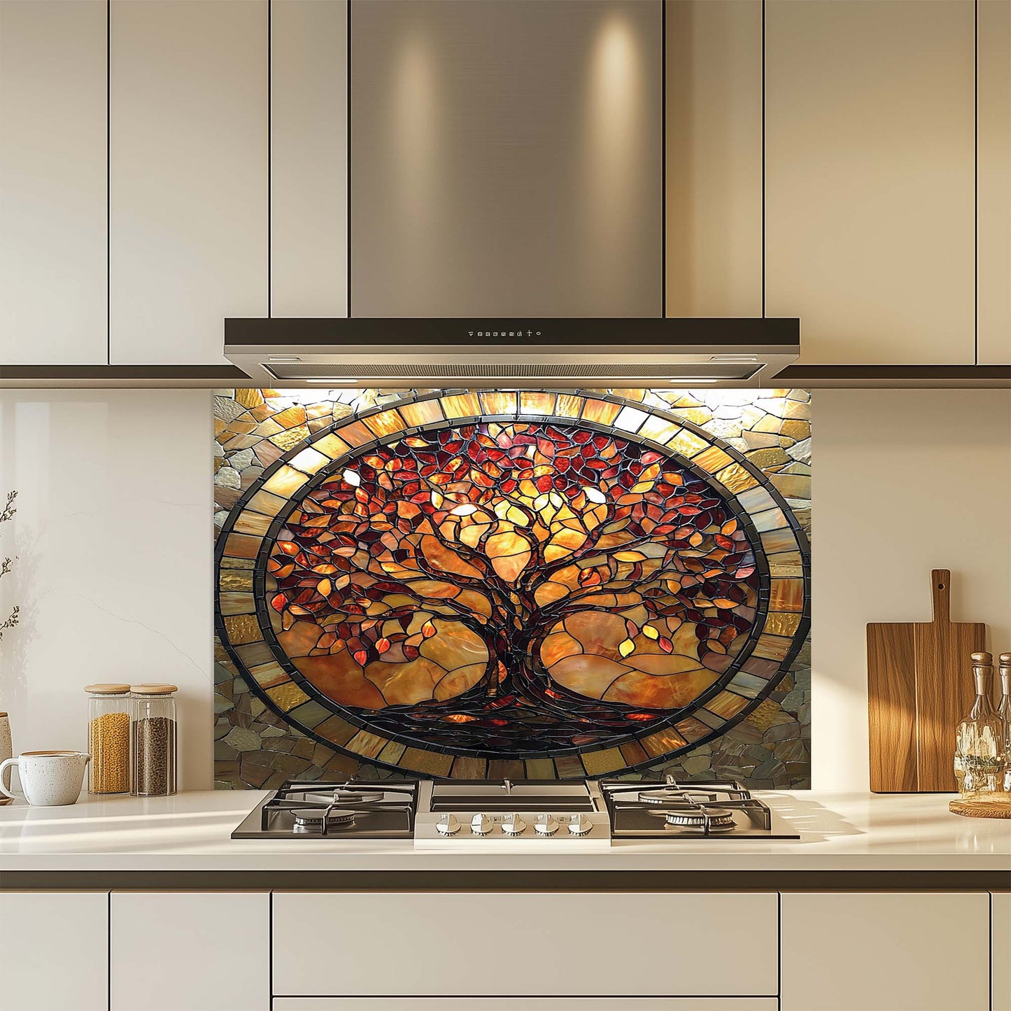 Amber Radiance – Tempered Glass Backsplash for Stove | Tree of Life Mosaic Style Backsplash