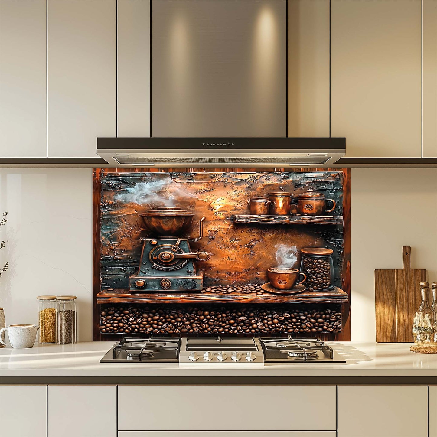 Brew & Beans – Tempered Glass Backsplash for Kitchen | Coffee Grinder Stove Backsplash