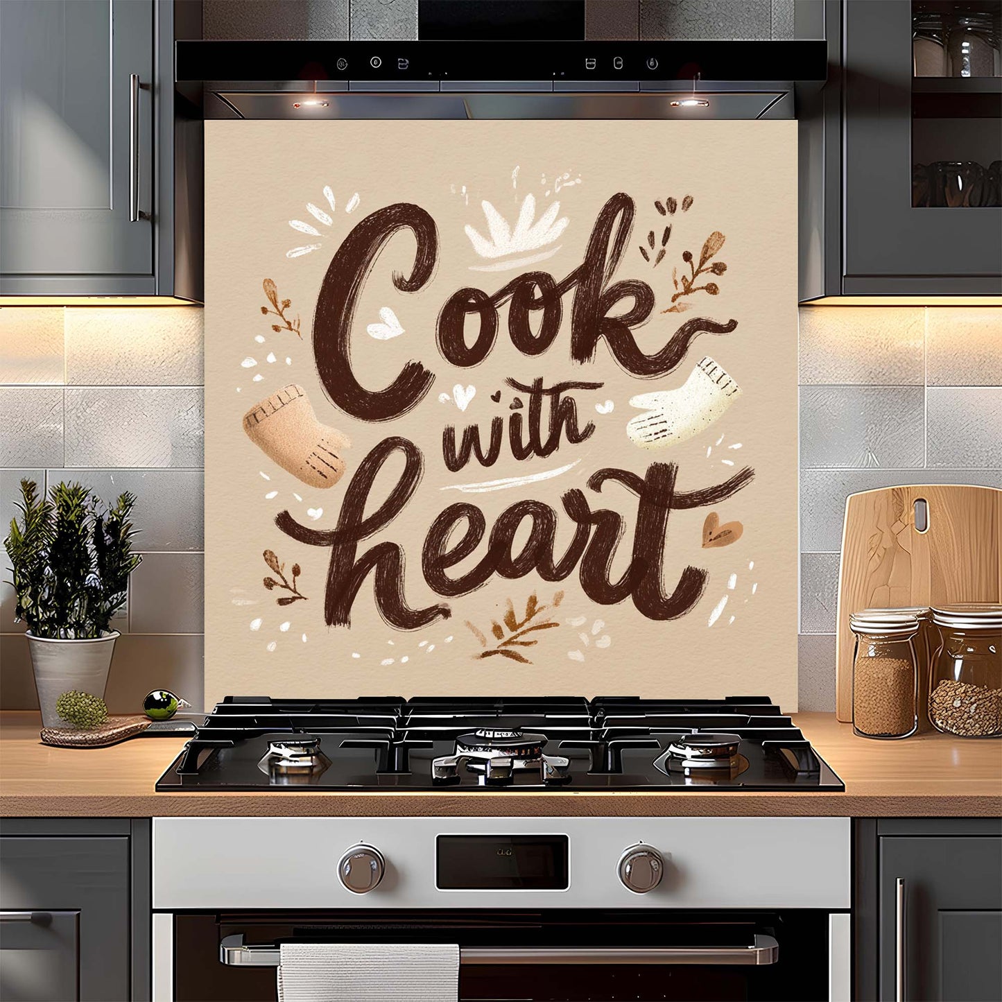 Cook with Heart – Tempered Glass Backsplash for Kitchen – Rustic Kitchen Quote Splashback
