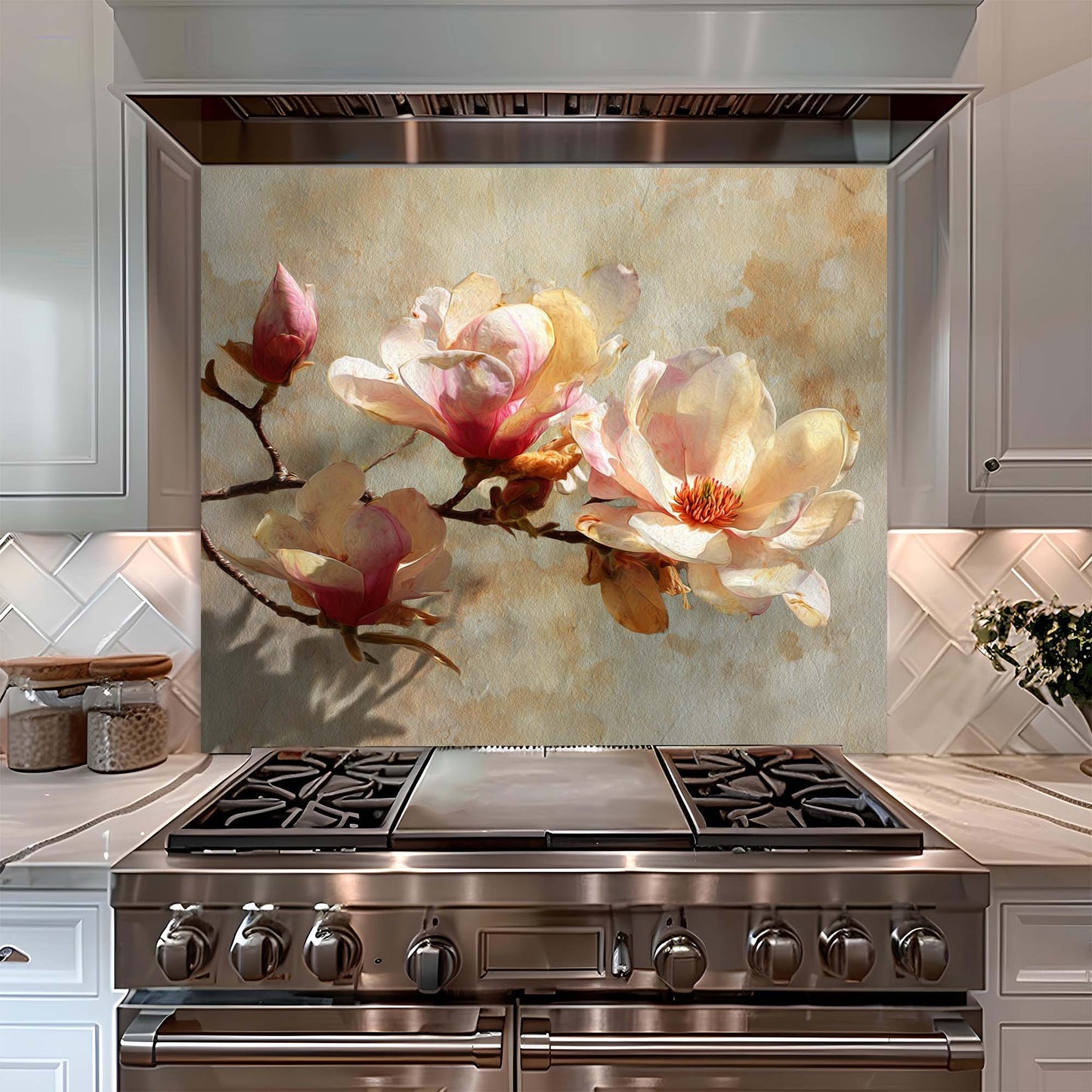 Golden Magnolia – Tempered Glass Backsplash for Kitchen – Vintage Floral Splashback