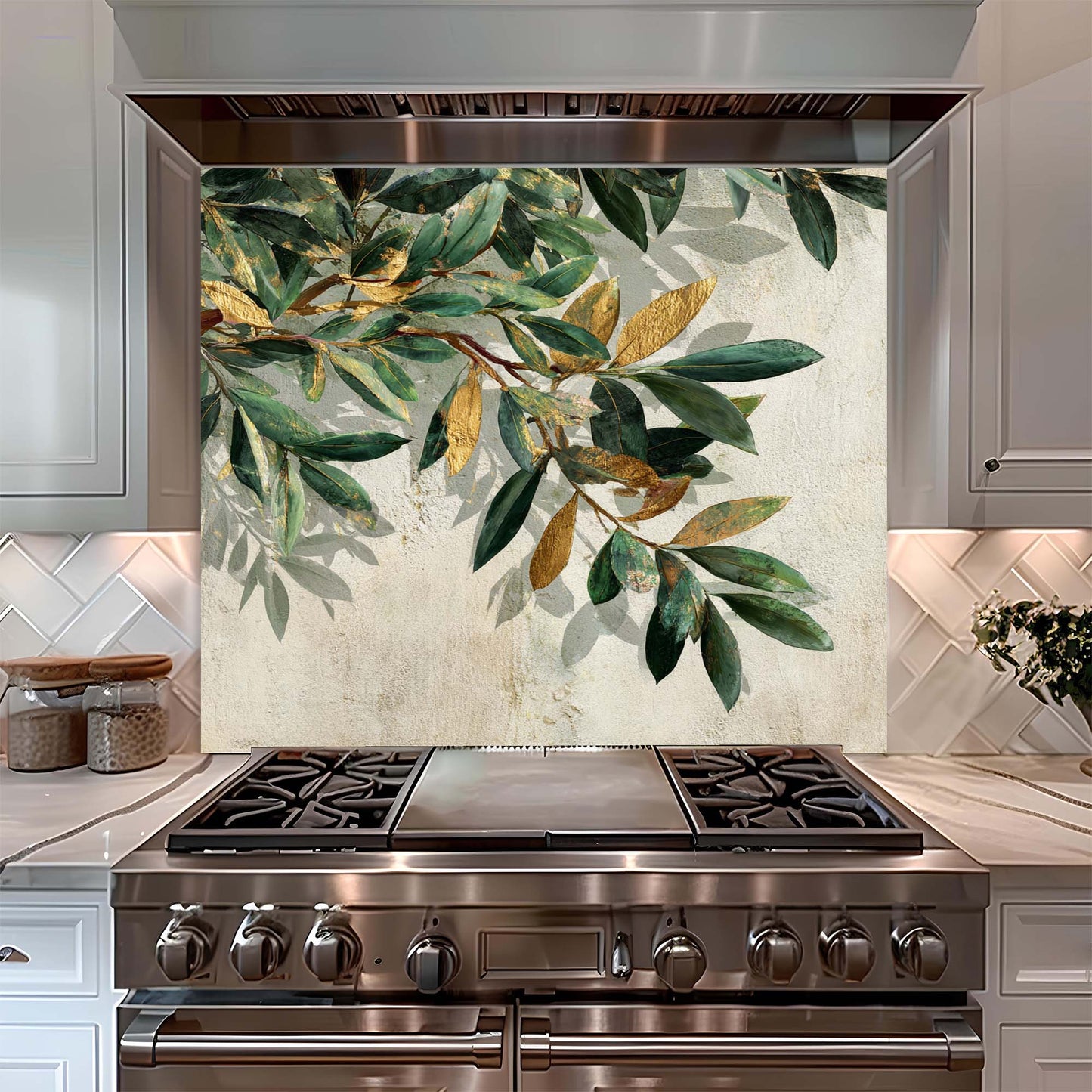 Golden Olive – Tempered Glass Backsplash for Kitchen – Botanical Kitchen Splashback