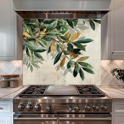 Golden Olive – Tempered Glass Backsplash for Kitchen – Botanical Kitchen Splashback