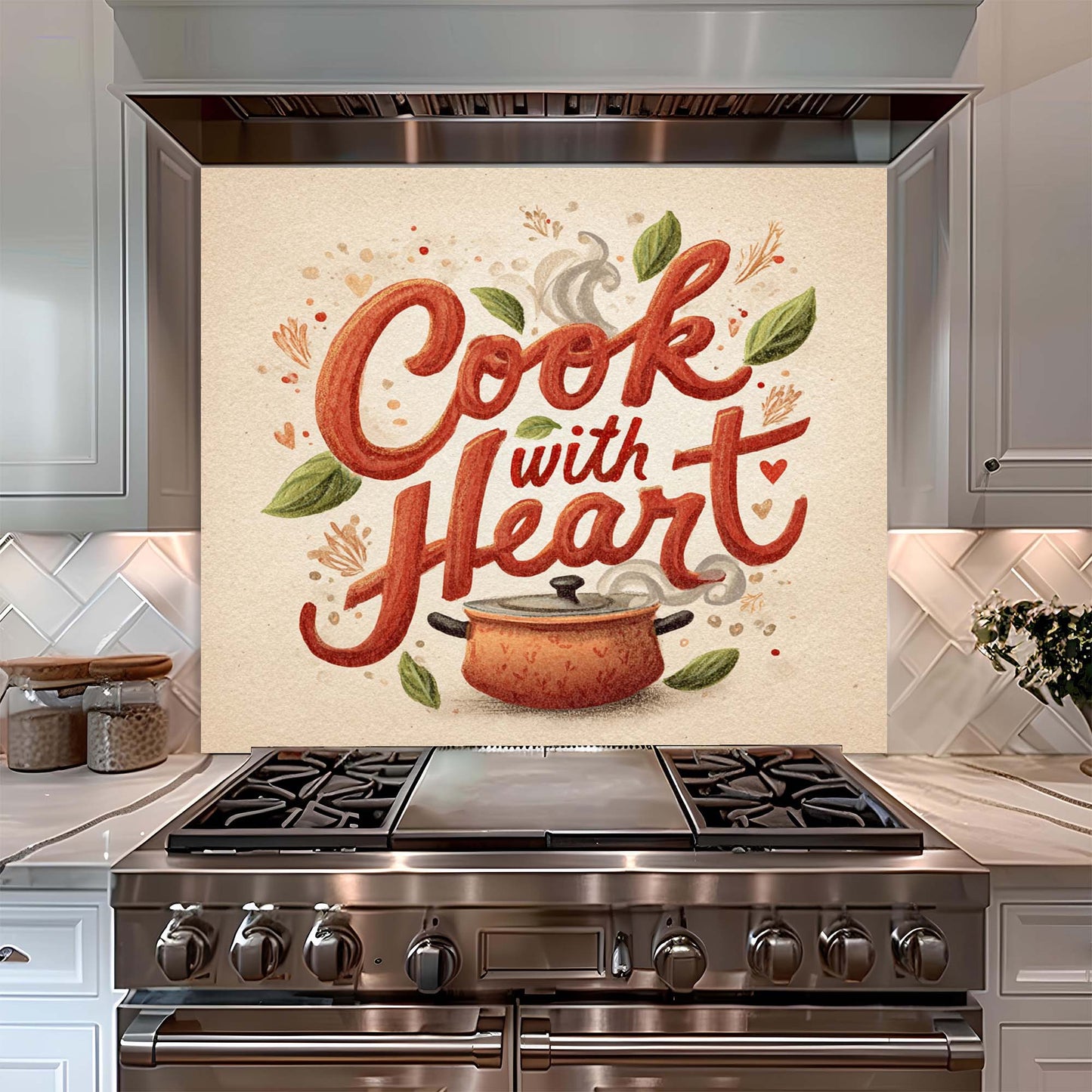 Cook with Heart – Tempered Glass Backsplash for Kitchen – Rustic Pot Kitchen Splashback