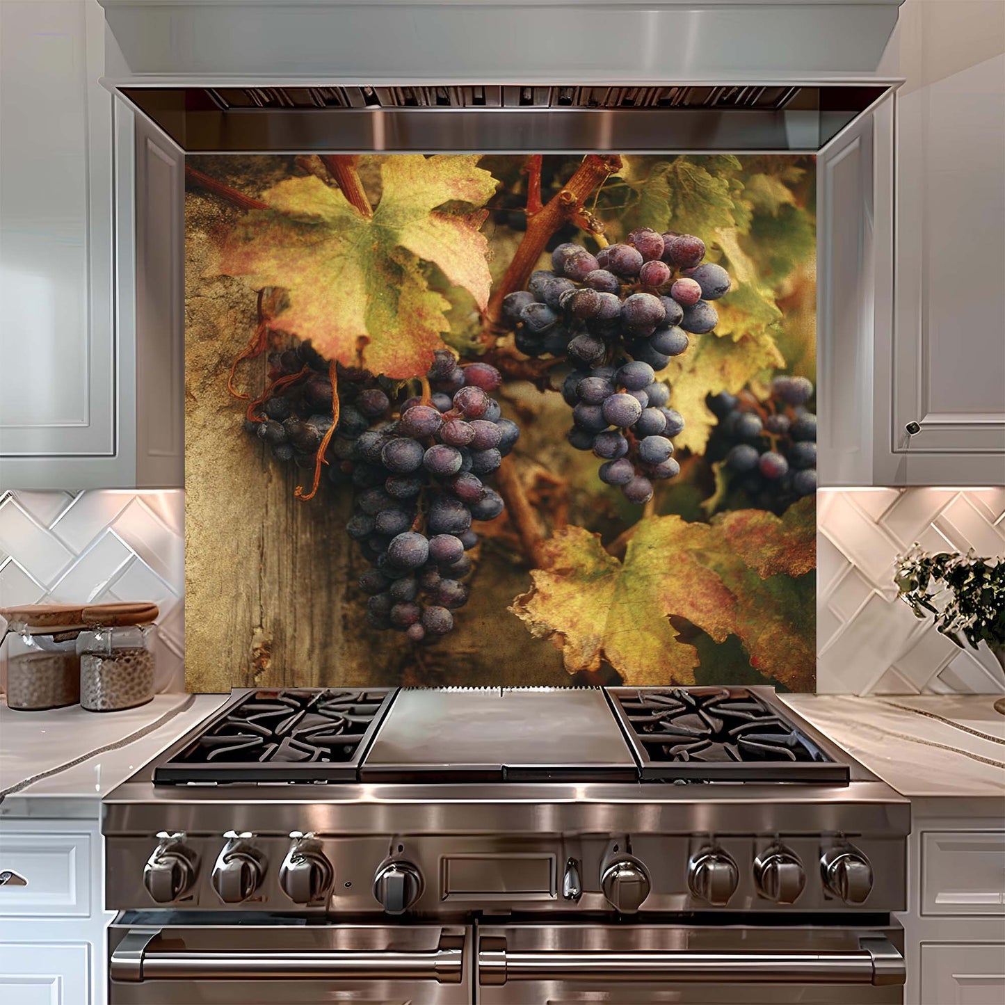 Tuscan Vineyard – Tempered Glass Backsplash for Kitchen – Rustic Wine Grapes Splashback
