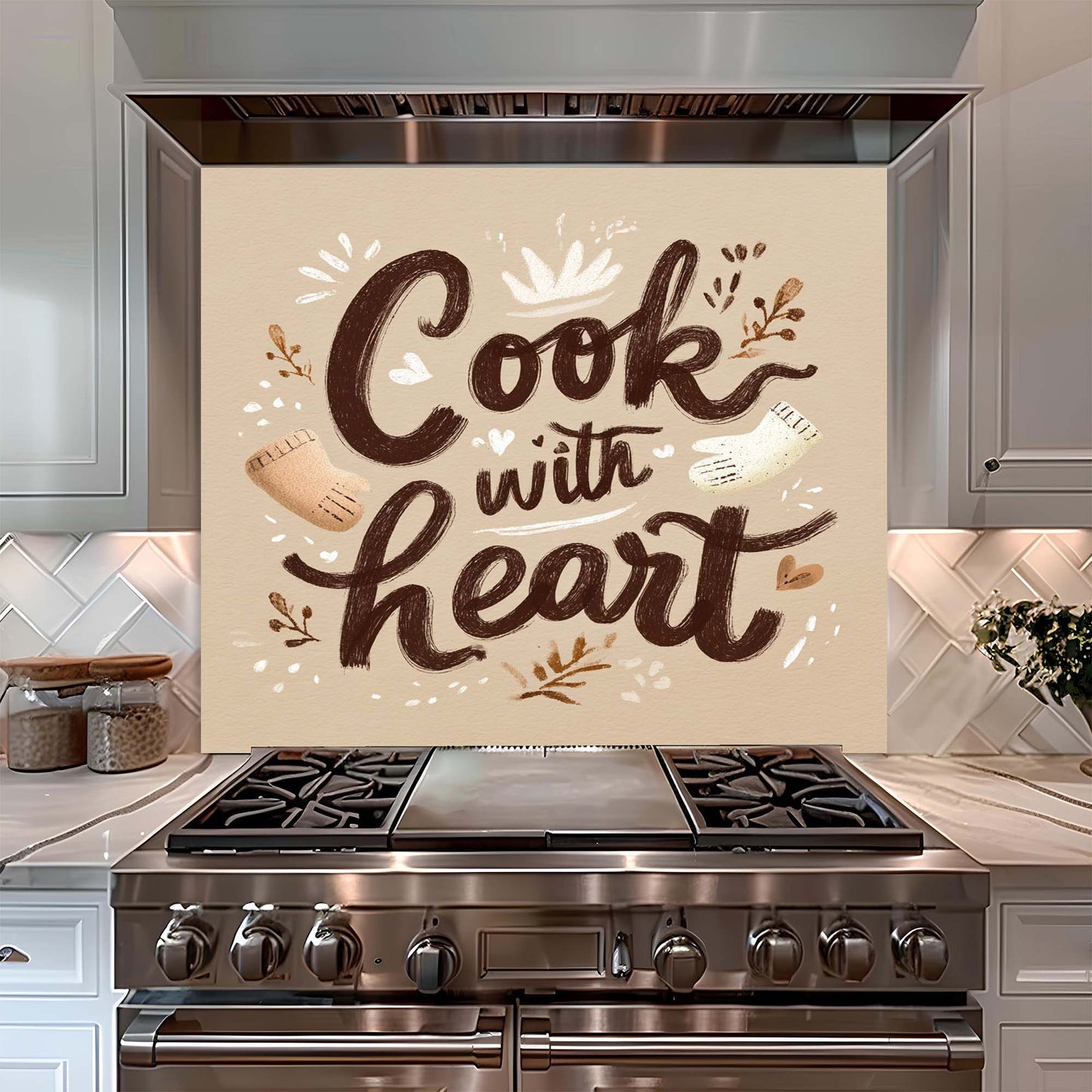 Cook with Heart – Tempered Glass Backsplash for Kitchen – Rustic Kitchen Quote Splashback