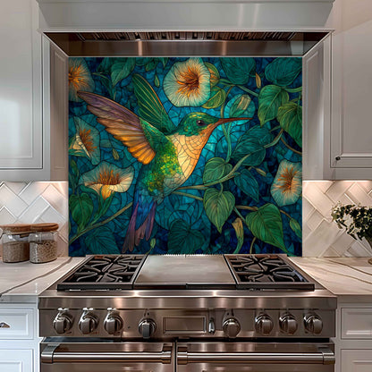 Emerald Flight Kitchen Splashback – Tempered Glass Backsplash with Hummingbird and Floral Vines