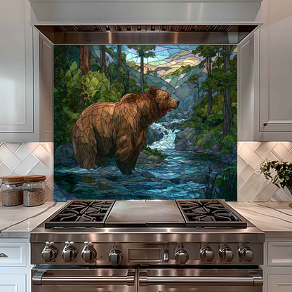 Forest Stream with Bear – Tempered Glass Backsplash For Lodge Kitchens