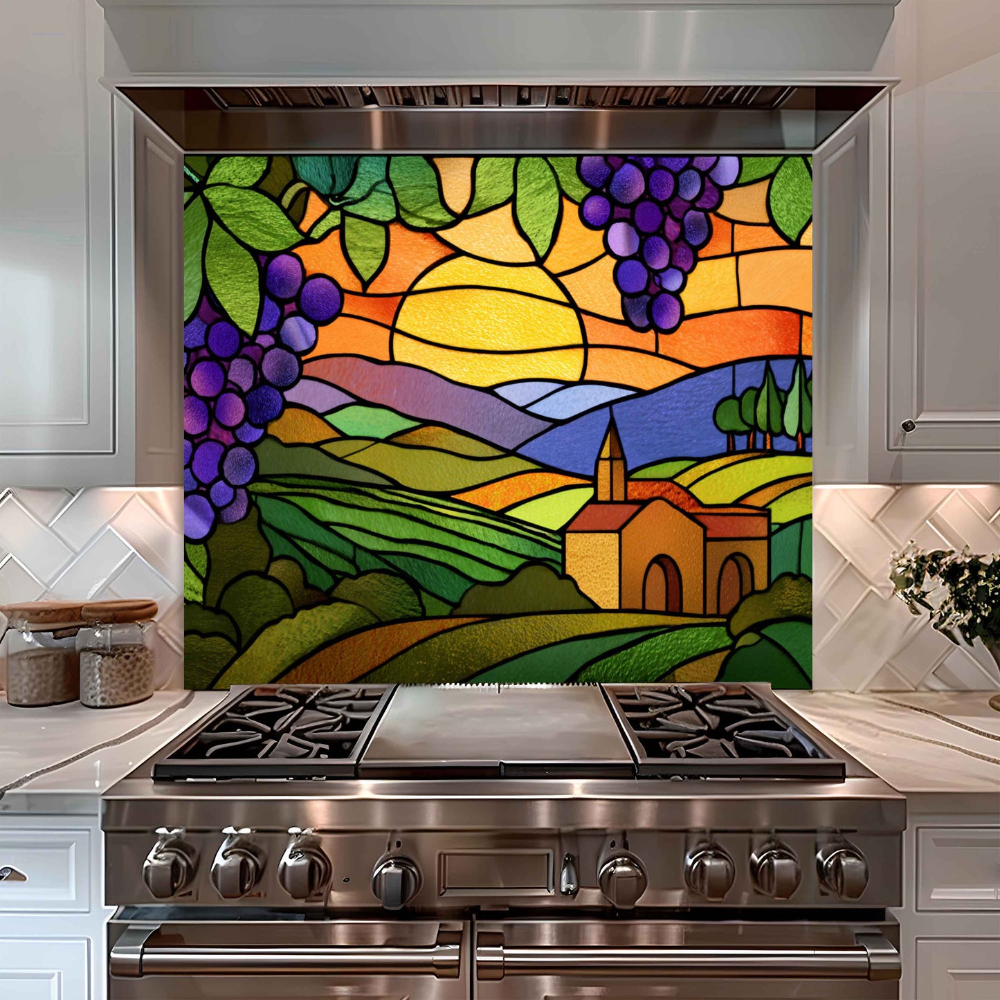 Tempered Glass Backsplash for Kitchen | Stained Glass Grape Vineyard Sunset
