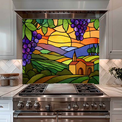 Tempered Glass Backsplash for Kitchen | Stained Glass Grape Vineyard Sunset