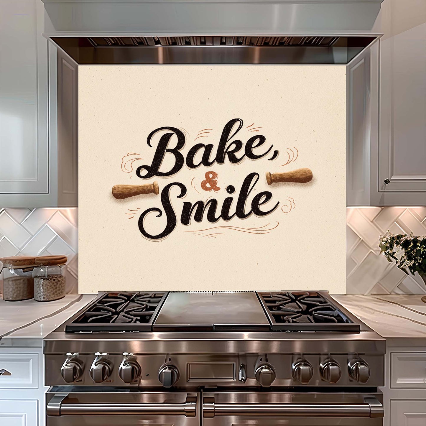 Bake & Smile – Tempered Glass Backsplash for Kitchen – Rustic Bakery Quote Splashback