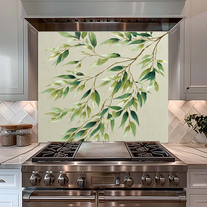 Olive Whisper – Tempered Glass Backsplash for Kitchen – Green Botanical Splashback