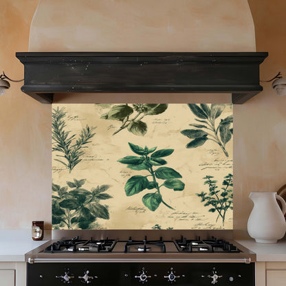 Vintage Herb Tempered Glass Backsplash – Botanical Kitchen Backsplash for Stove