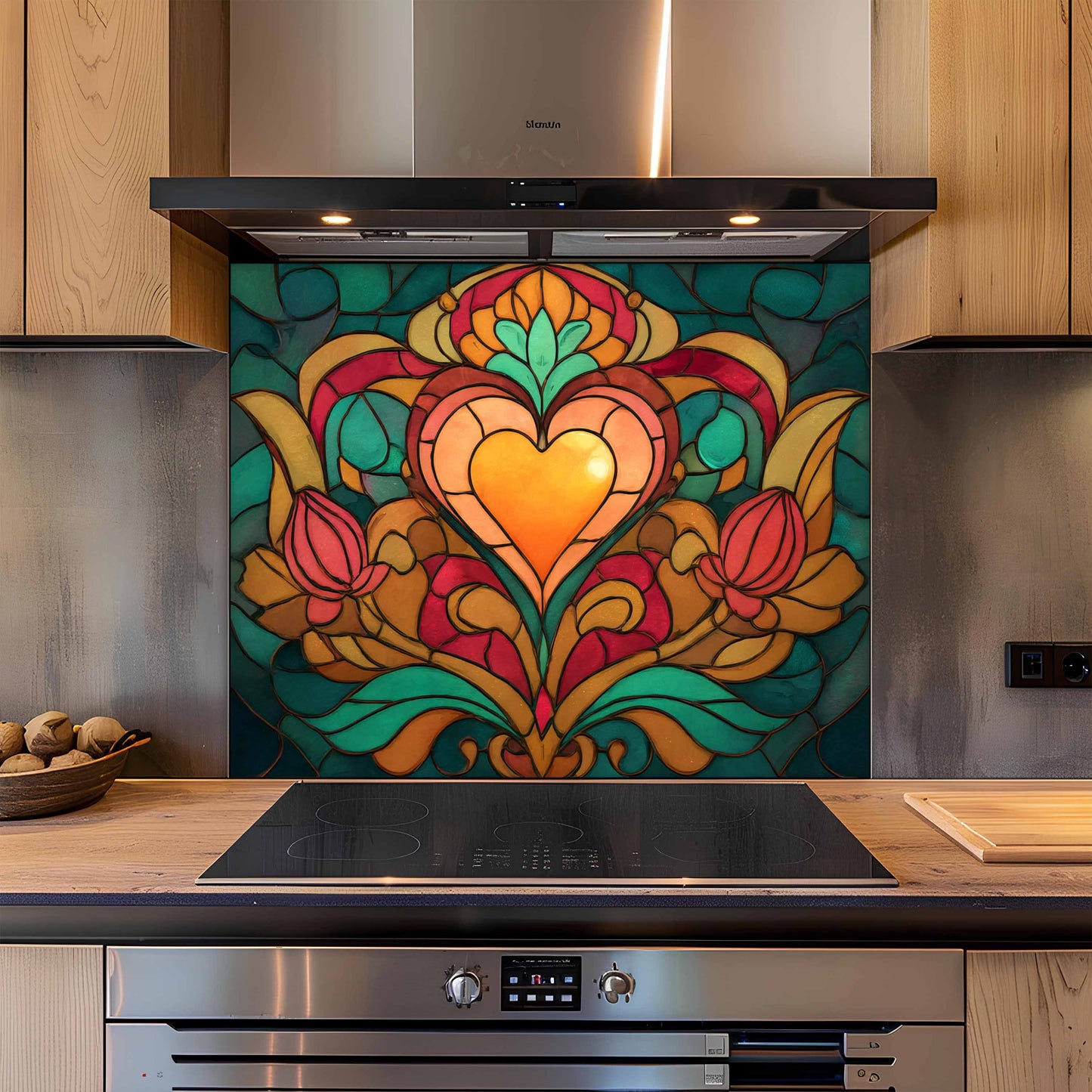 Tempered Glass Backsplash for Kitchen | Stained Glass Heart and Tulip Design