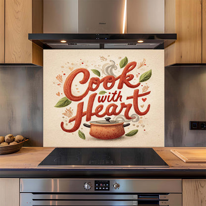 Cook with Heart – Tempered Glass Backsplash for Kitchen – Rustic Pot Kitchen Splashback