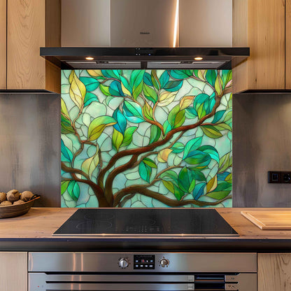 Tranquil Branches – Tempered Glass Backsplash with Tree Branch and Leaf Design