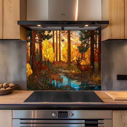 Tempered Glass Backsplash for Kitchen | Woodland Deer & Autumn Trees Stained Glass Look