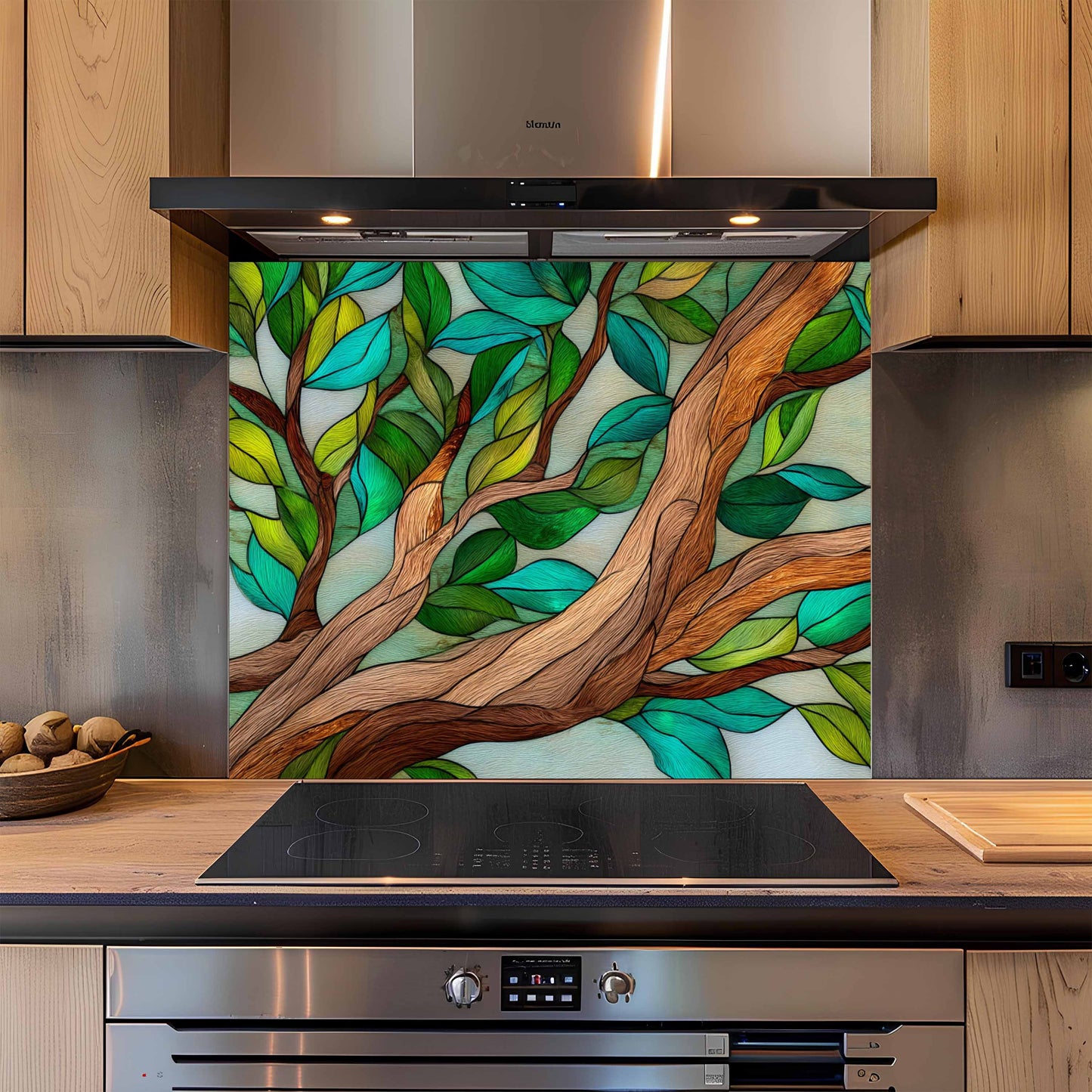 Forest Embrace – Tempered Glass Backsplash for Kitchen | Nature-Inspired Stained Glass