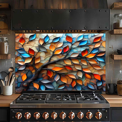 Glassleaf Harmony – Tempered Glass Backsplash for Kitchen Stove | Colorful Branch Backsplash