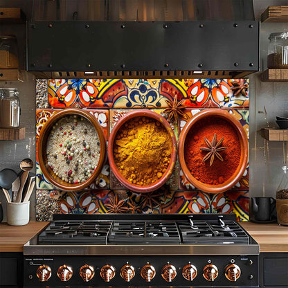 Spice Harmony – Tempered Glass Backsplash for Kitchen | Colorful Spice Bowls Backsplash