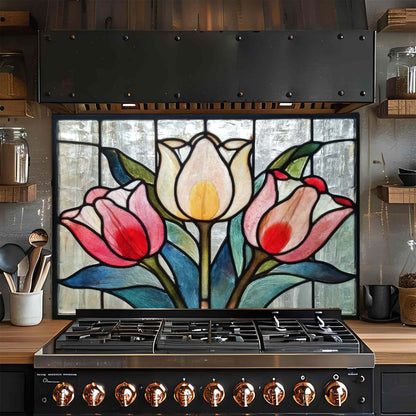Tulip Trio – Tempered Glass Backsplash for Kitchen Stove | Stained Glass Look Tulip Backsplash