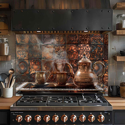 Copper Coffee Ritual – Tempered Glass Backsplash | Turkish Coffee Set Kitchen Backsplash