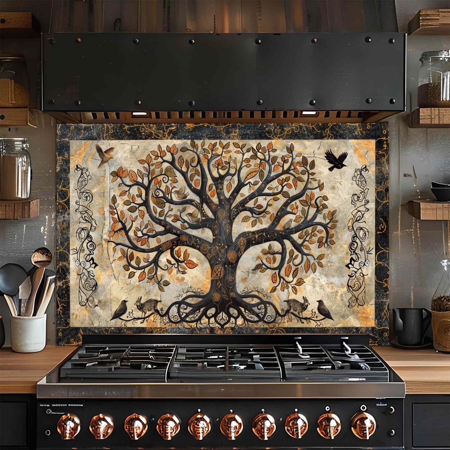 Mystic Grove – Tempered Glass Backsplash for Kitchen | Tree of Life Fantasy Forest Backsplash