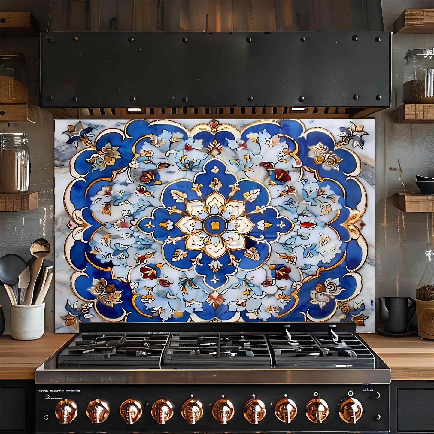 Royal Blue Mandala – Tempered Glass Backsplash for Kitchen – Floral Tile Splashback