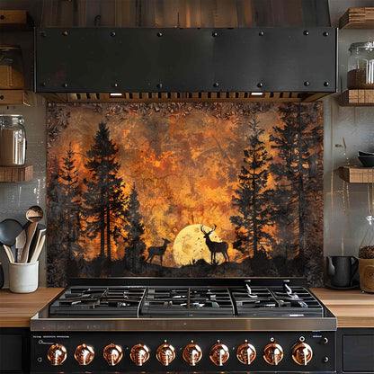 Forest Ember – Tempered Glass Backsplash for Kitchen | Deer & Pine Tree Silhouette Backsplash