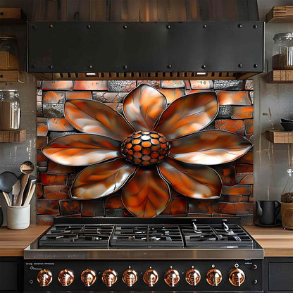 Copper Bloom – Tempered Glass Backsplash for Kitchen | Copper Look Flower Backsplash