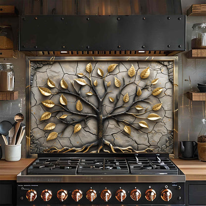 Golden Roots – Tempered Glass Backsplash for Kitchen – Tree of Life Kitchen Splashback
