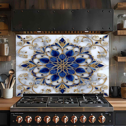 Majestic Sapphire – Tempered Glass Backsplash for Kitchen – Blue & Gold Mandala Splashback
