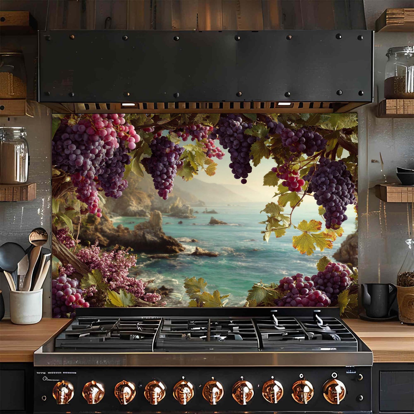 Coastal Grapevine – Tempered Glass Backsplash for Stove | Vineyard Ocean View Backsplash