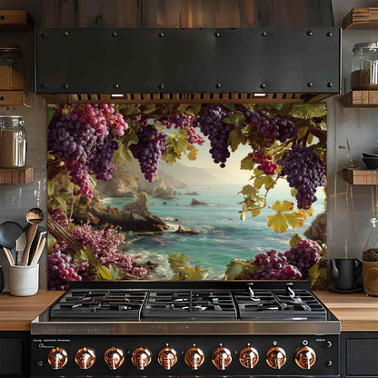 Coastal Grapevine – Tempered Glass Backsplash for Stove | Vineyard Ocean View Backsplash