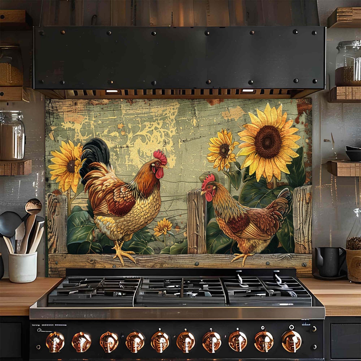Sunny Roosters – Tempered Glass Backsplash | Farmhouse Chicken & Sunflower Backsplash