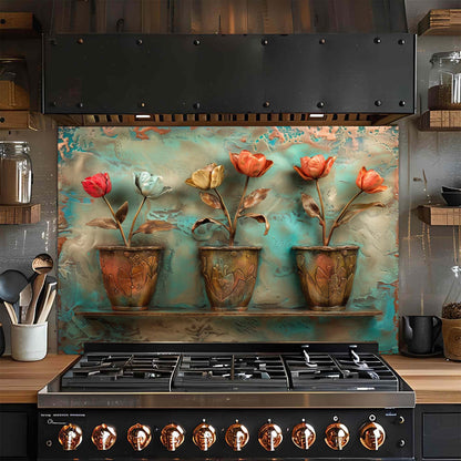 Tulip Pots – Tempered Glass Backsplash for Kitchen Stove | Copper Look Floral Backsplash