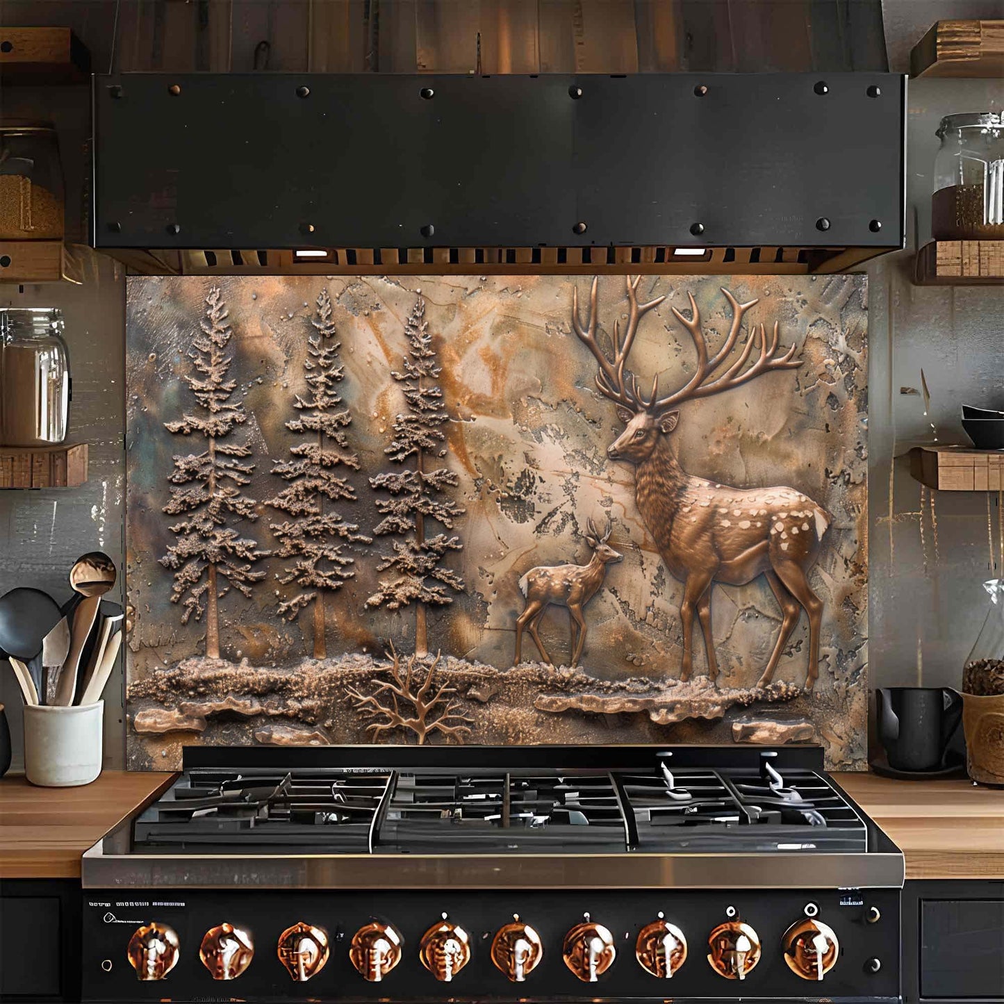 Bronze Elk Scene – Tempered Glass Backsplash for Kitchen | Forest Deer Stove Backsplash