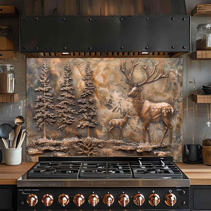 Bronze Elk Scene – Tempered Glass Backsplash for Kitchen | Forest Deer Stove Backsplash