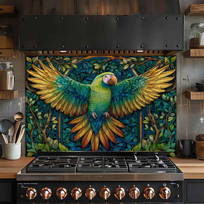 Verdant Flight – Tempered Glass Backsplash for Kitchen Stove | Parrot Mosaic Backsplash
