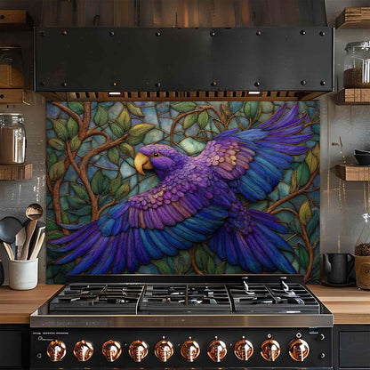 Azure Harmony – Tempered Glass Backsplash for Kitchen Stove | Purple Blue Bird Backsplash
