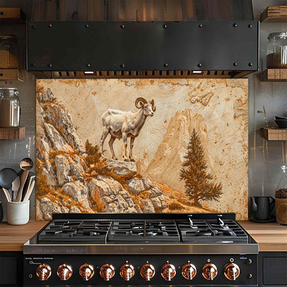 Mountain Pride – Tempered Glass Backsplash for Kitchen | Wild Ram on Rocky Cliff Backsplash