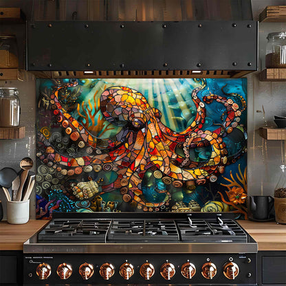 Octopus Odyssey – Tempered Glass Backsplash for Kitchen – Stained Glass Look Splashback