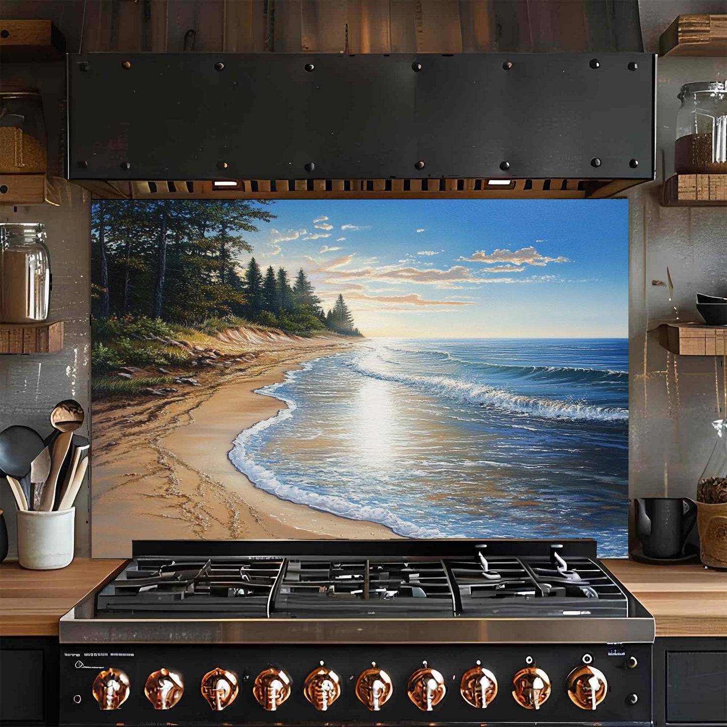 Pine Shore – Tempered Glass Backsplash for Kitchen | Coastal Pine Forest Landscape Backsplash
