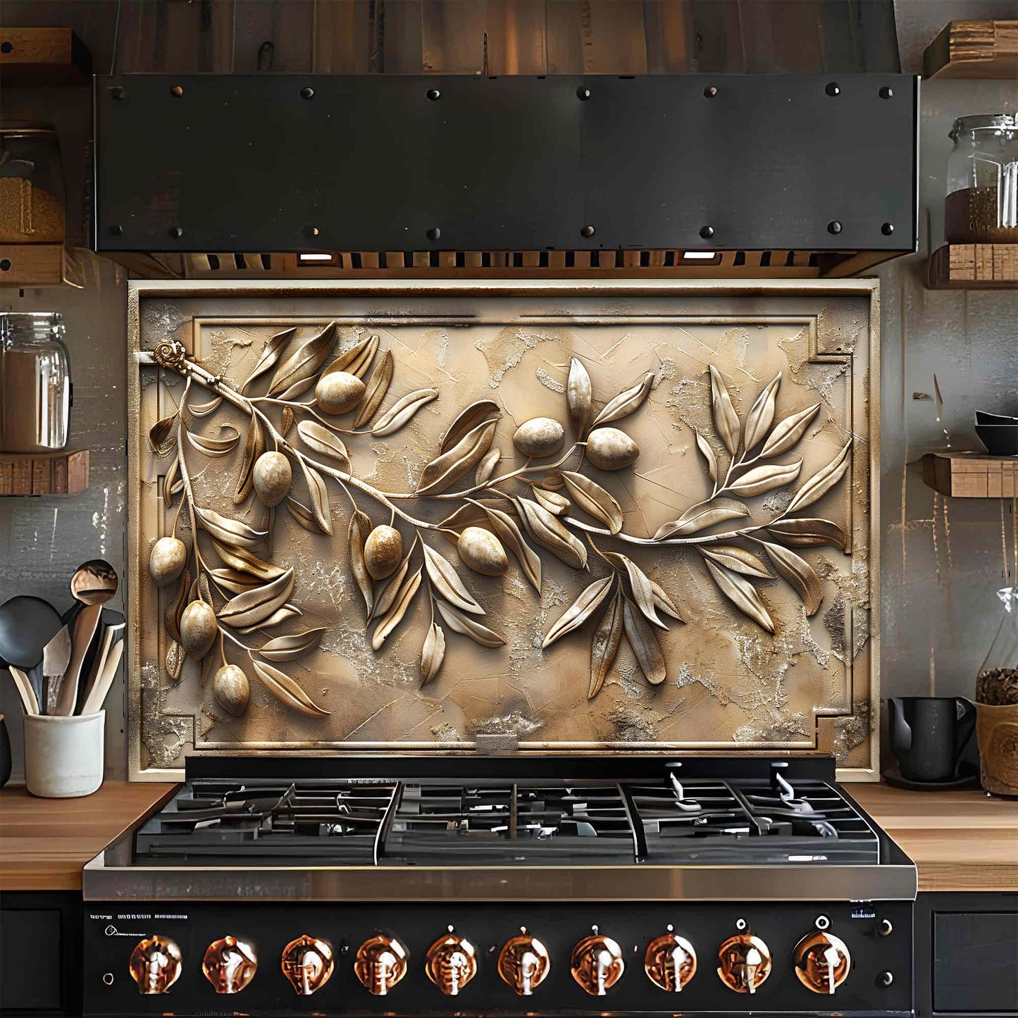 Olive Grace – Tempered Glass Backsplash for Kitchen | Textured Olive Branch Backsplash