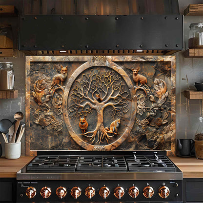 Fox Wisdom Tree – Tempered Glass Backsplash | Tree of Life with Forest Animals Backsplash